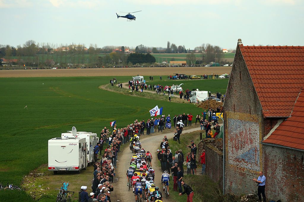 during the 2016 Paris- Roubaix from Compiegne to Roubaix on April 10, 2016 in Paris, France. The 114th edition race will be held over 257km and 27 sectuers of cobbles.