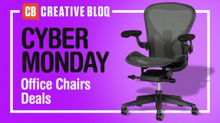 Herman Miller Aeron chair on a purple background that says 'deal of the day Cyber Monday deals'