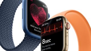 Apple Watch 7 in orange and blue color schemes