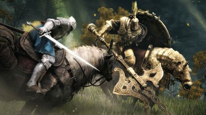 A Tarnished in Elden Ring fighting a Tree Sentinel