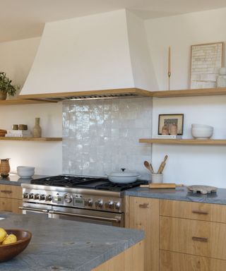 modern wooden kitchen with open shelving and tiled backsplash
