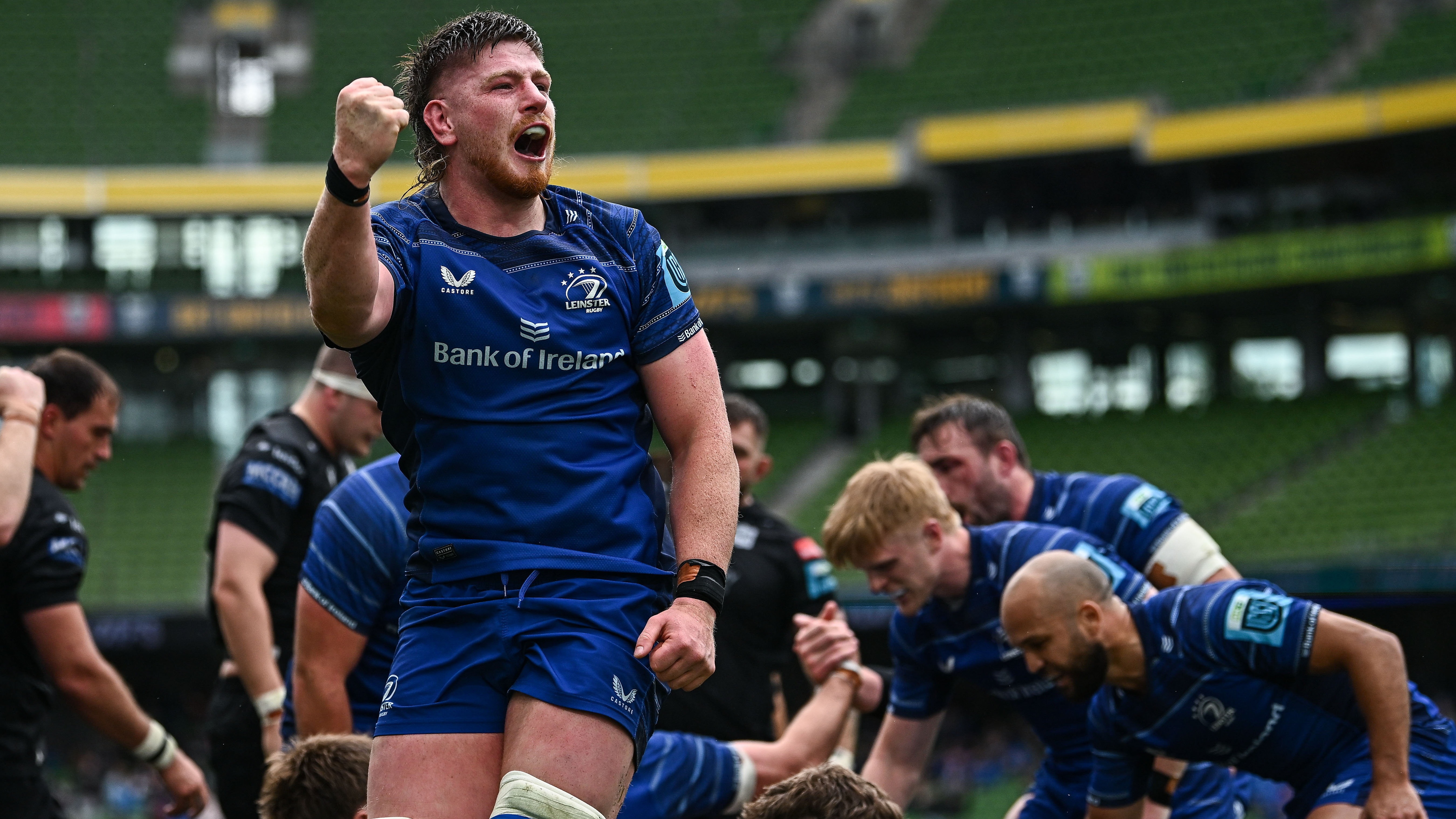 Joe McCarthy of Leinster celebrates his side&#039;s fourth try, scored by Dan Sheehan, during the United Rugby Championship semi-final match between Leinster and Glasgow Warriors