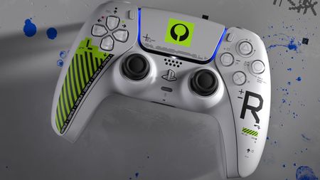 The Marathon Limited Edition DualSense controller on a white and blue-paint-splattered background