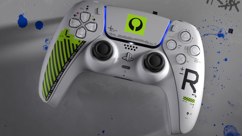 The Marathon Limited Edition DualSense controller on a white and blue-paint-splattered background