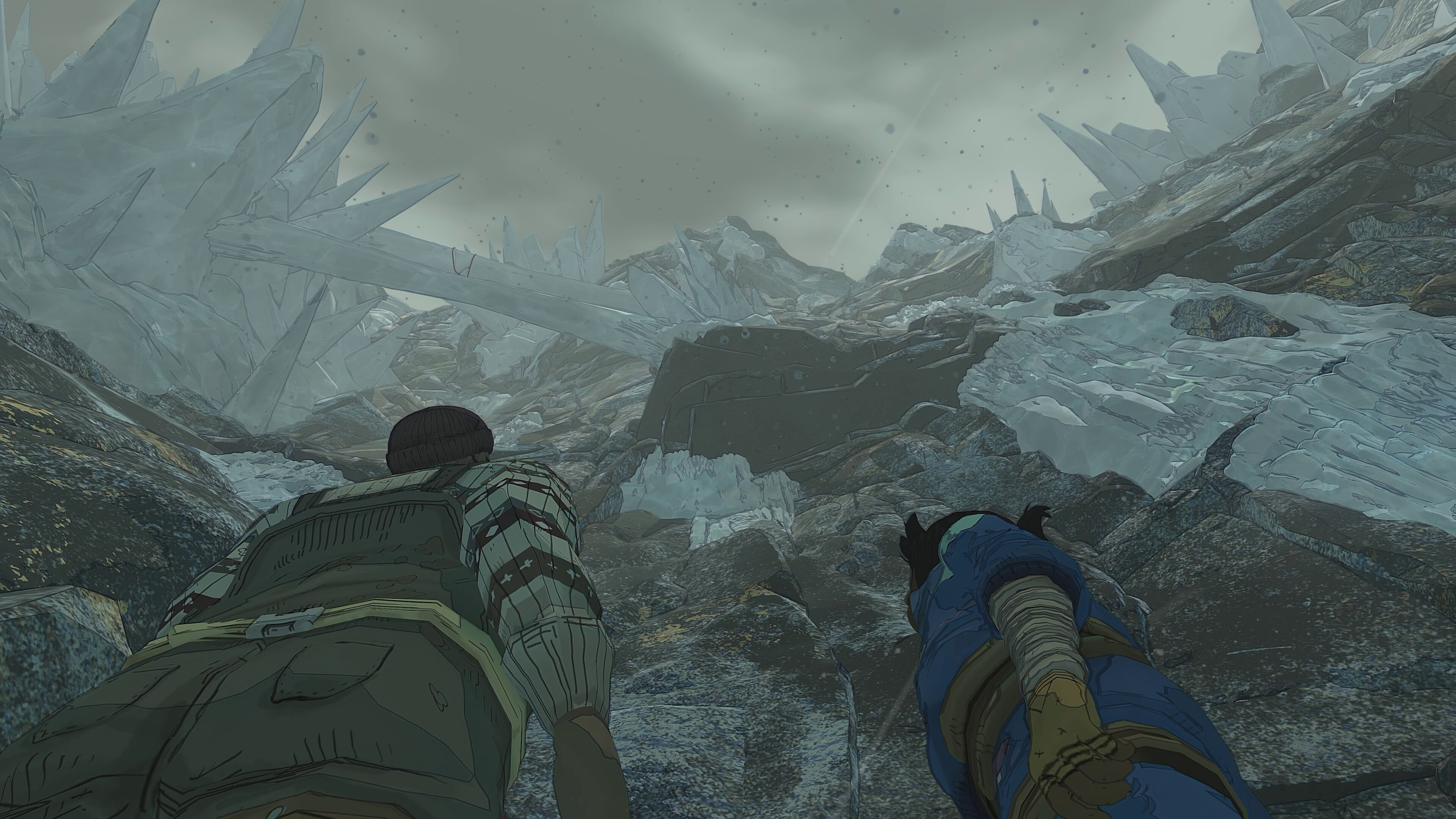 A screenshot from the climbing game Cairn showing the player character, mountains, and gear