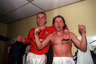 Wrexham goalscorers Steve Watkin and Mickey Thomas celebrate after beating Arsenal in the FA Cup, 1992