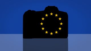 Silhouette of a camera against a blue background with the yellow European Union stars in the outline of a lens