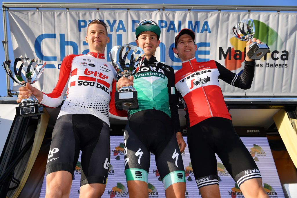 The Trofeo Andratx-Lloseta podium (L-R) Tim Wellens, Emanuel Buchman, Bauke Mollema