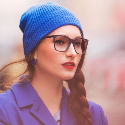 Eyewear, Beanie, Face, Glasses, Clothing, Lip, Knit cap, Beauty, Street fashion, Cap, 