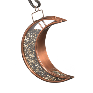 A copper crescent-moon shape bird feeder