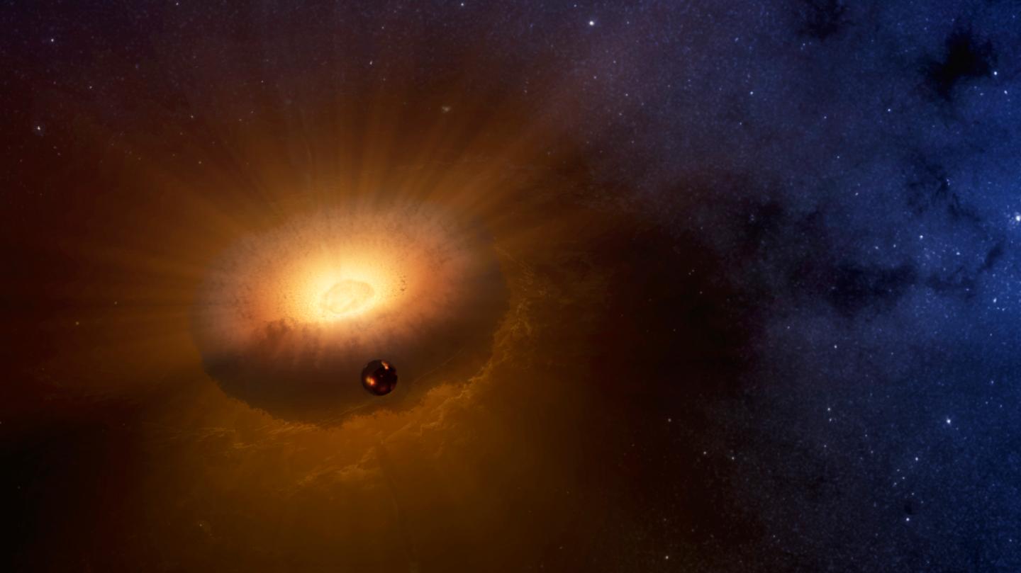 An artist&#039;s illustration of Earth&#039;s hot, molten moon as it forms from a synestia: a giant, spinning donut of vaporized rock formed from the collision of two other planet-size objects. 