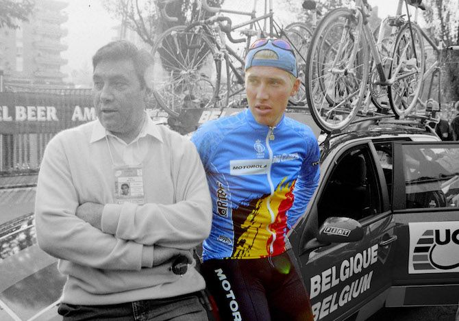 Eddy Merckx and Axel Merckx ahead of the 1996 Worlds road race