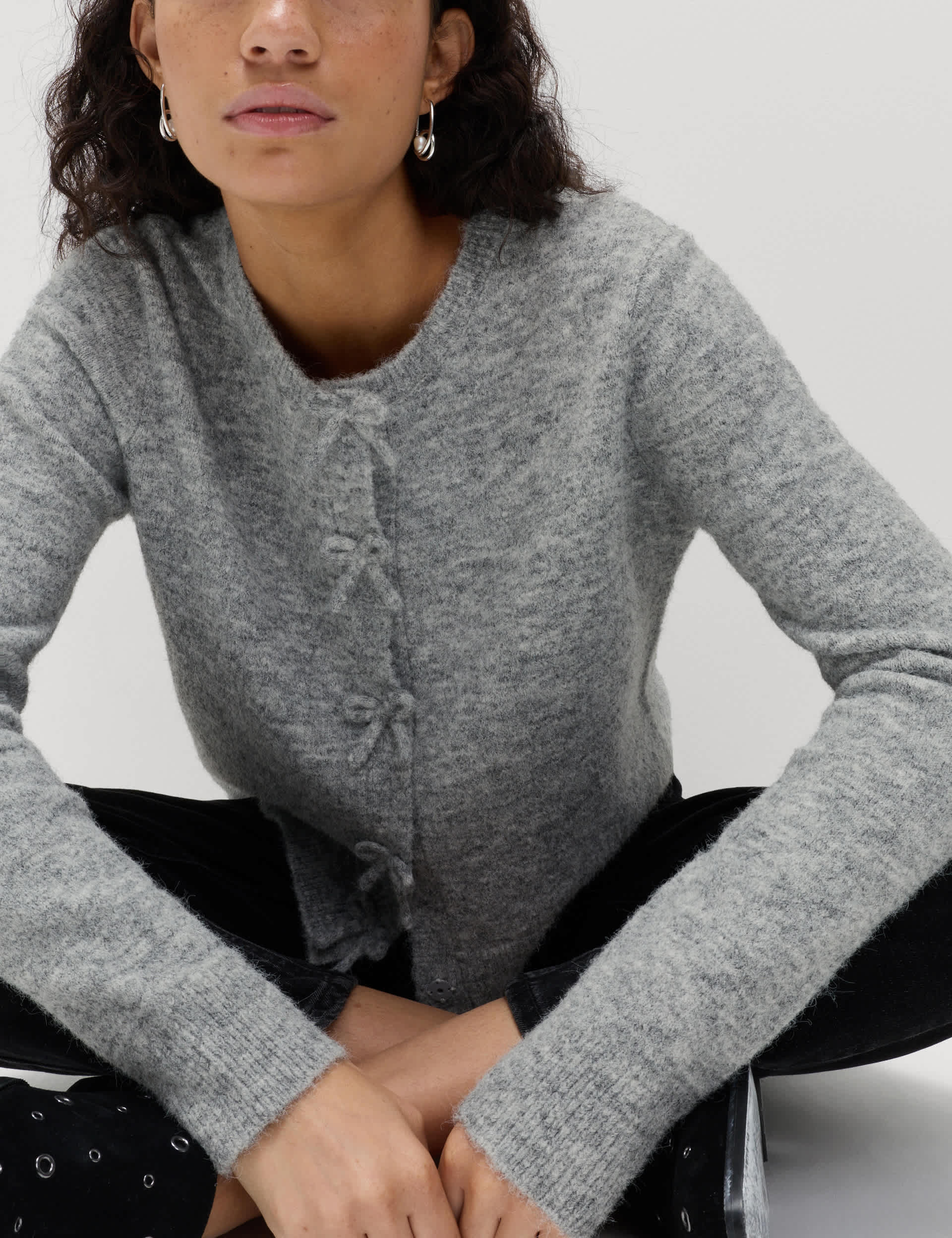 Bow Detail Cropped Cardigan With Wool