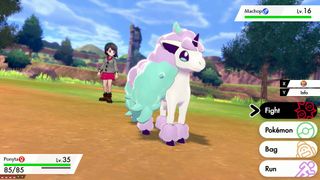 A screenshot from Pokemon Sword and Shield, showing a female trainer and her Galarian Ponyta.