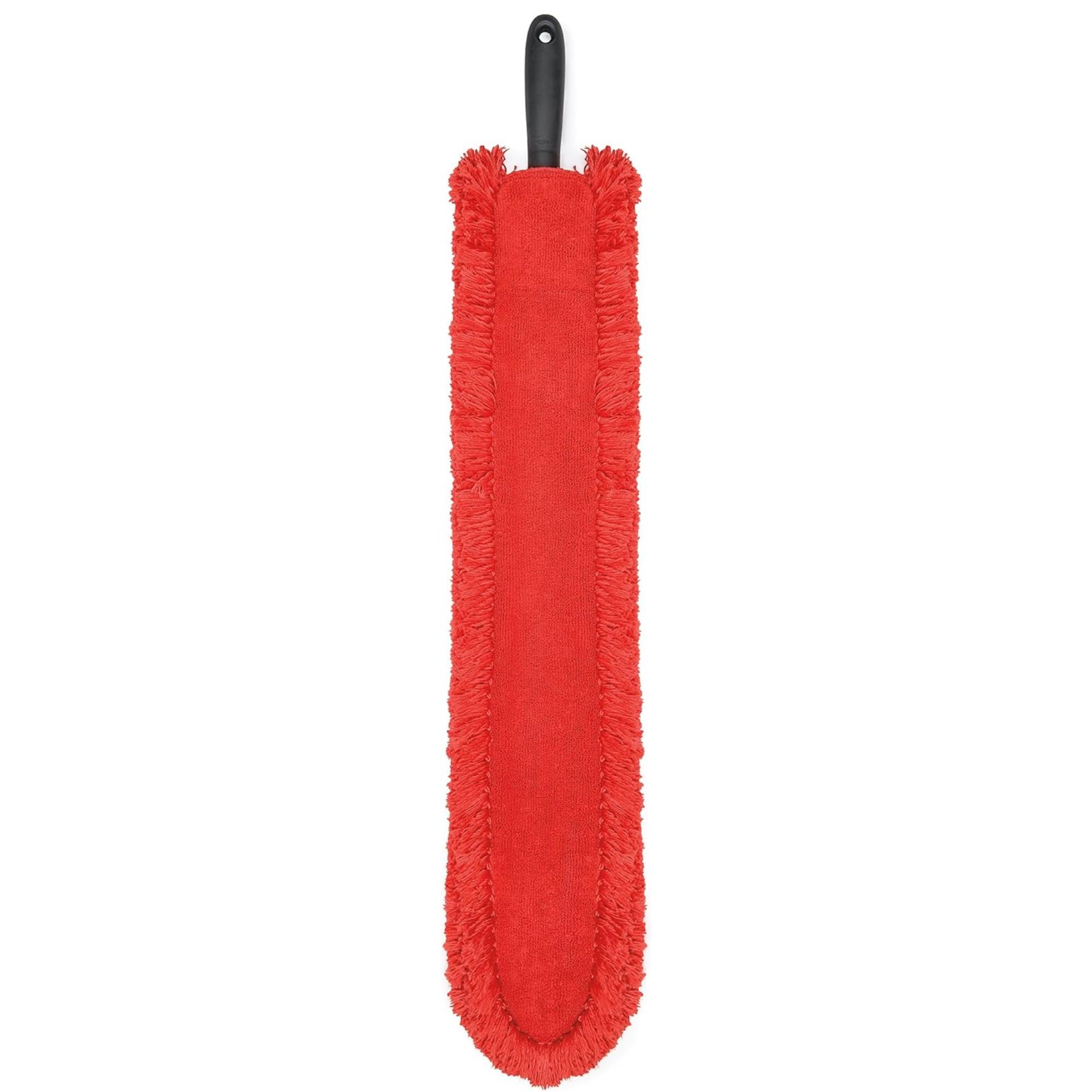 Red under appliance duster with black handle