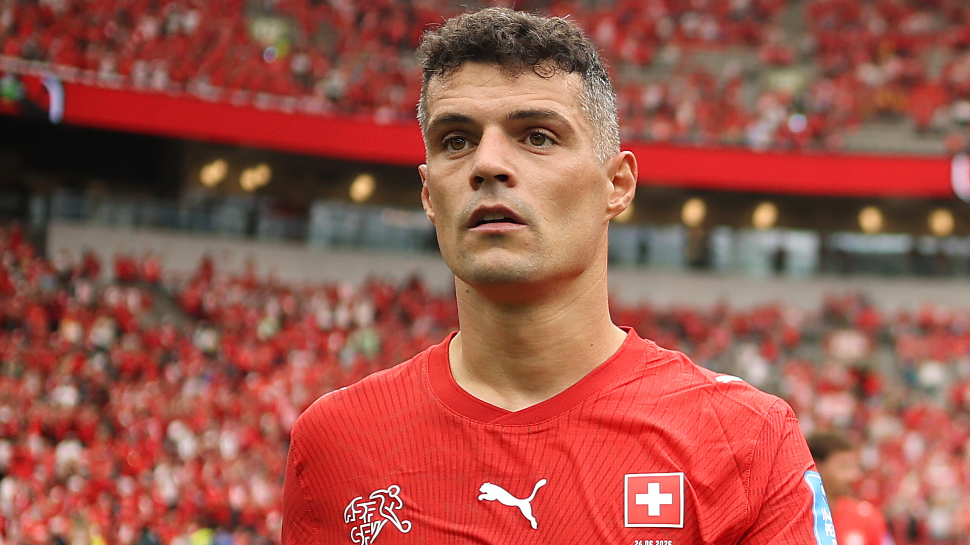 Switzerland captain Granit Xhaka stares ahead during the World Cup 2026 game vs Canada