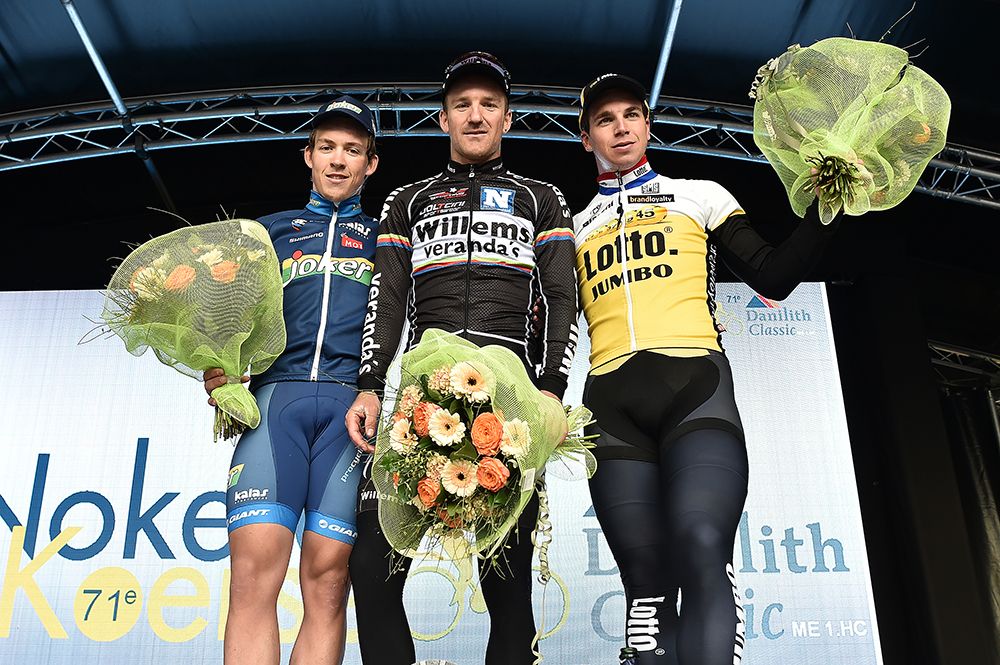 Kristoffer Halvorsen, Timothy Dupont and Dylan Groenewegen on the podium