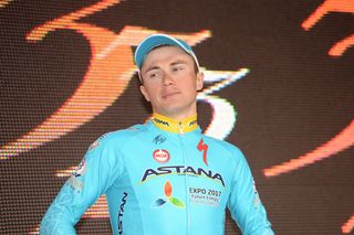 Alexey Lutsenko (Astana) looking disappointed on the podium