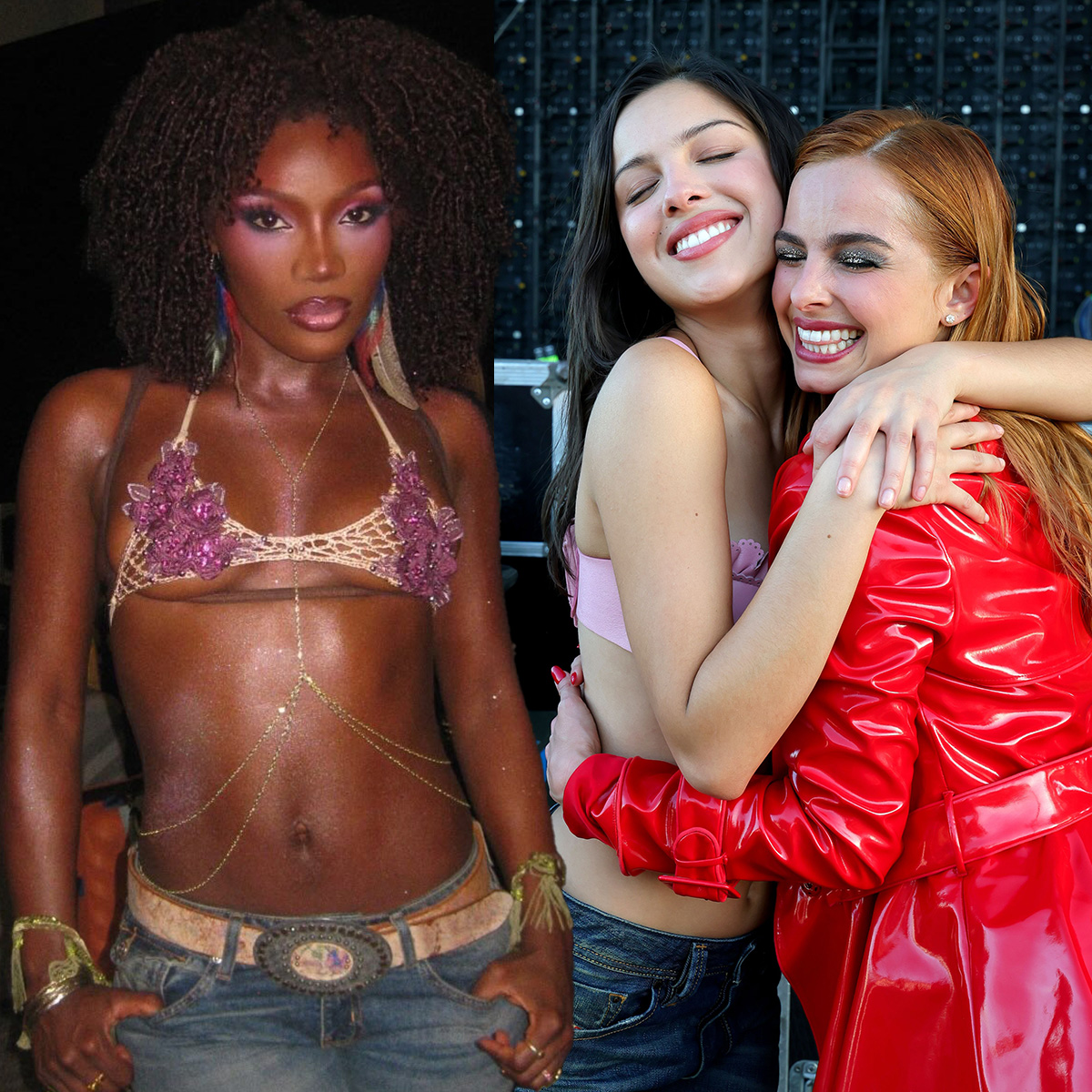 Photo of different celebrities wearing lingerie-style tops with low-rise jeans.