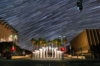 Galactic star trails spin over the Los Angeles County Museum of Art (LACMA) in 2015.