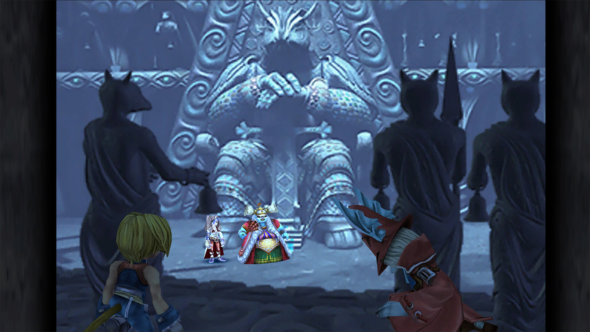 Freya and Zidane hide behind statues in Final Fantasy 9