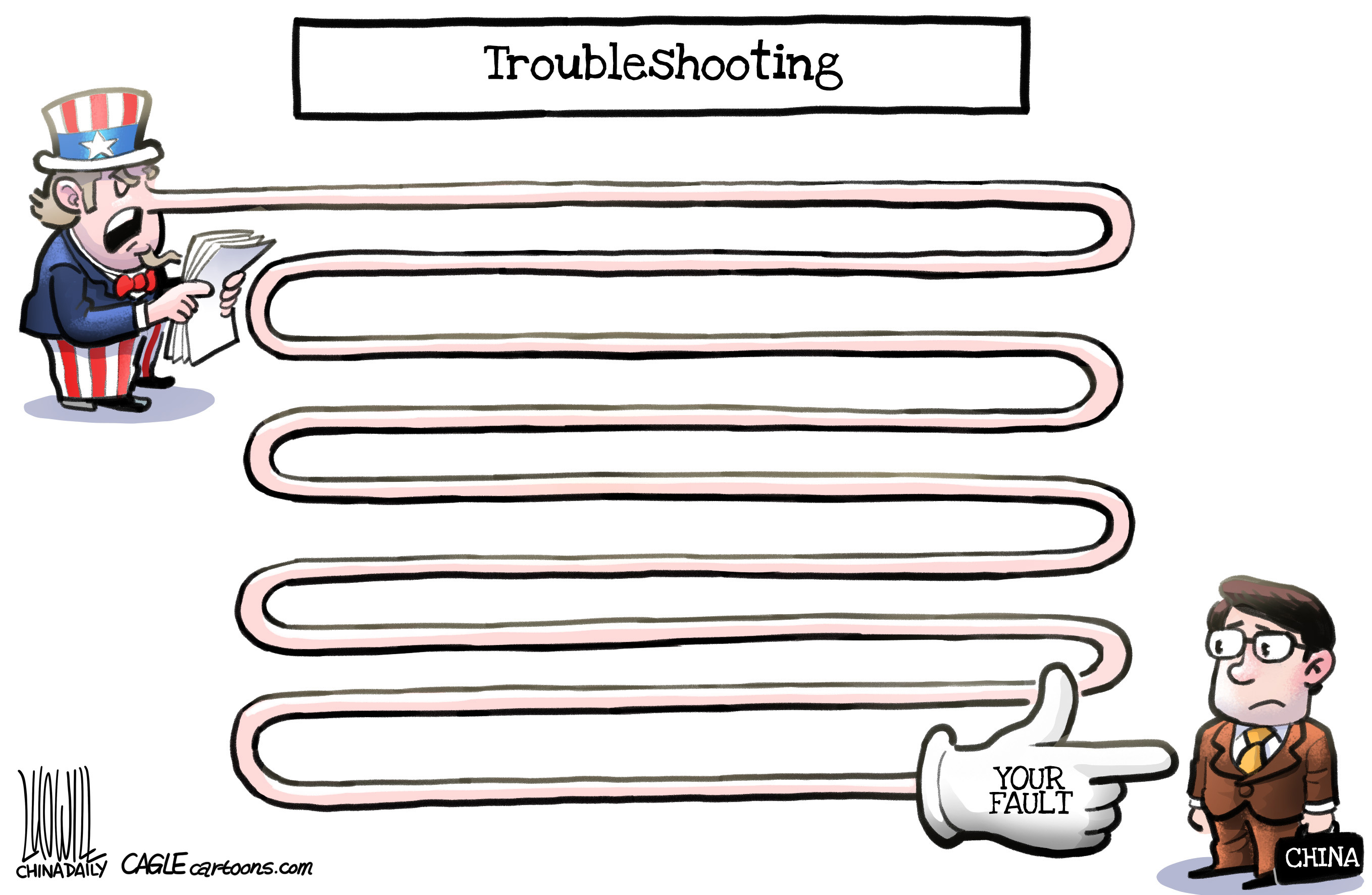 Political Cartoon World Trump China Uncle Sam troubleshooting blame
