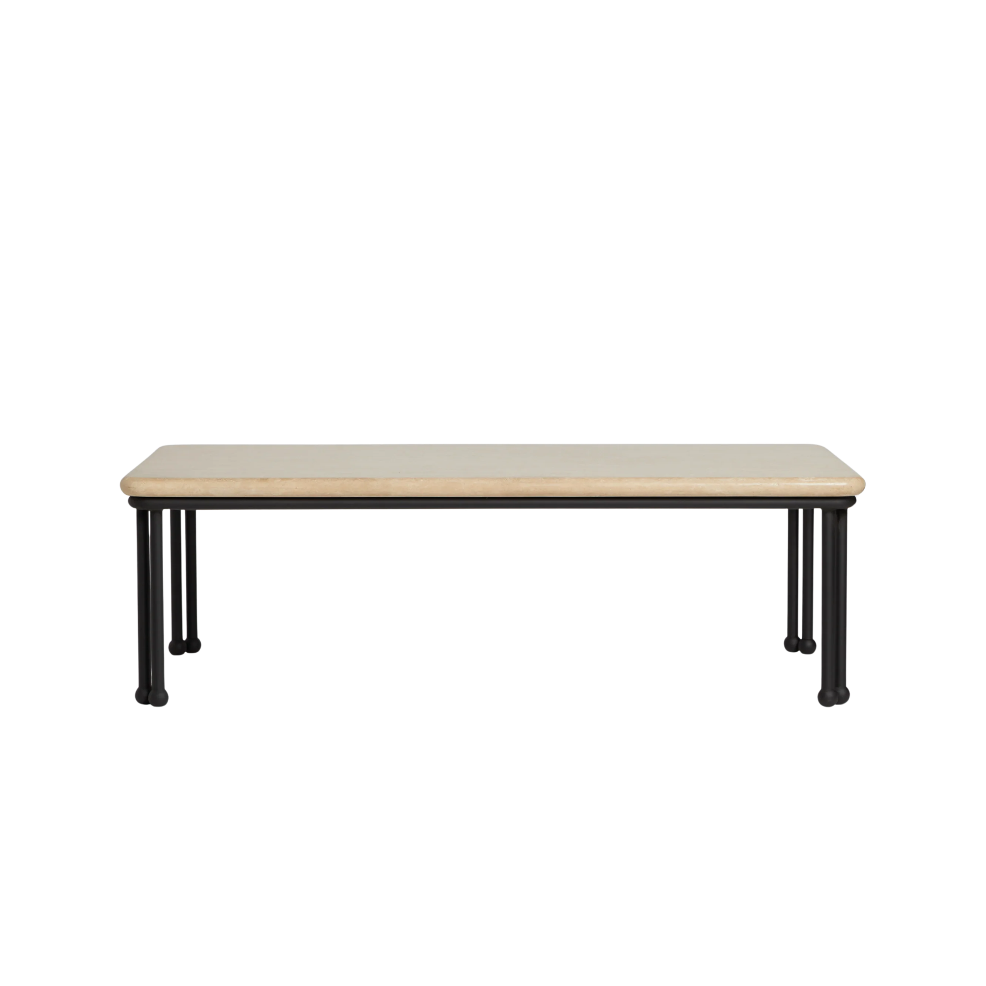 a coffee table with a travertine top and metal legs