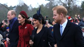 kings lynn, england december 25 l r prince william, duke of cambridge, catherine, duchess of cambridge, meghan, duchess of sussex and prince harry, duke of sussex leave after attending christmas day church service at church of st mary magdalene on the sandringham estate on december 25, 2018 in kings lynn, england photo by stephen pondgetty images