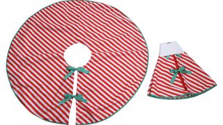 A candy cane-patterned, small Christmas tree skirt