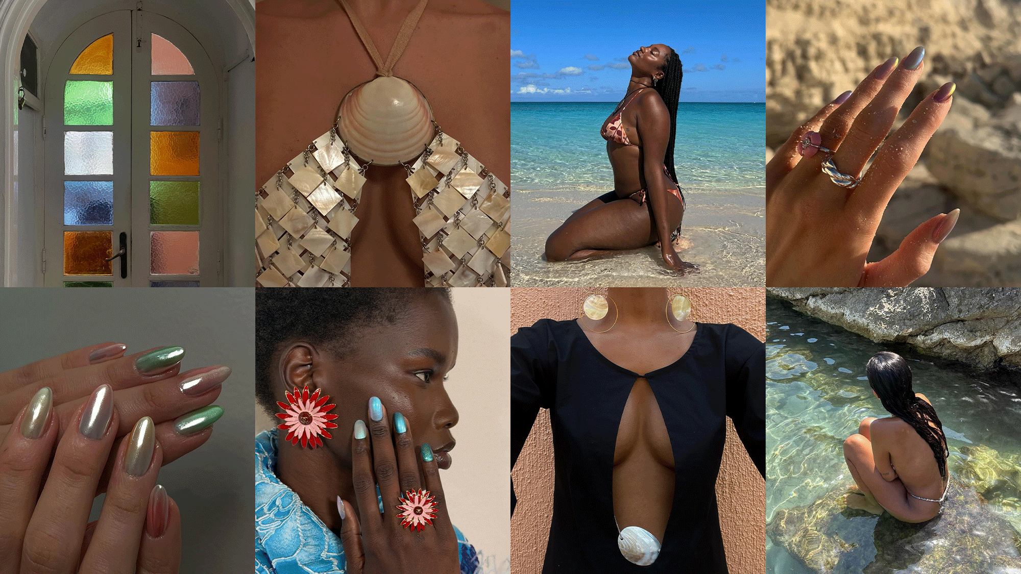 A collage of ocean scenes and seaglass-inspired chrome nails.
