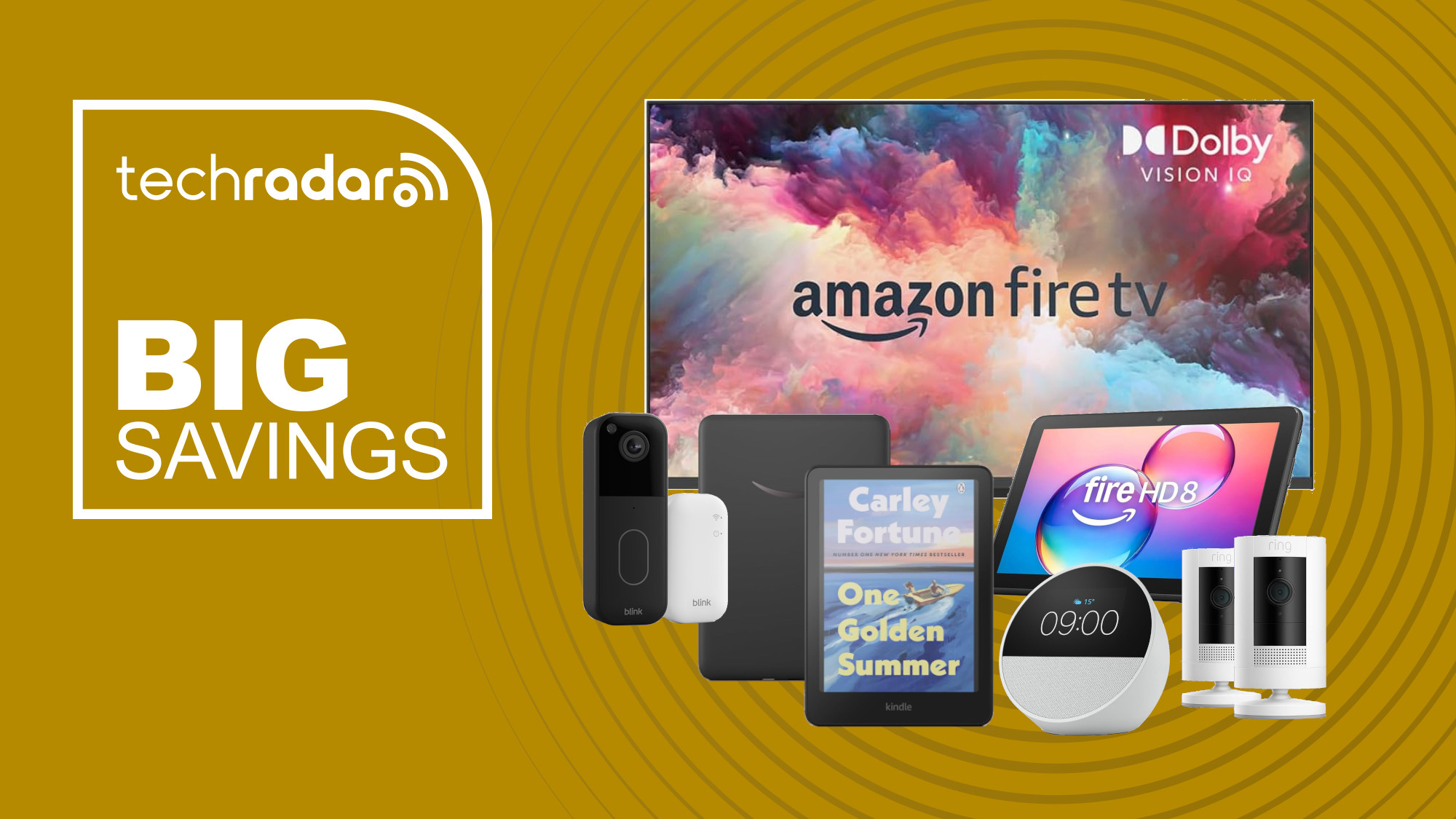 Collage of Amazon Devices on sale in Prime Big Deal Days, including Fire TV, Kindle, Fire tablet, Ring camera and Blink doorbell