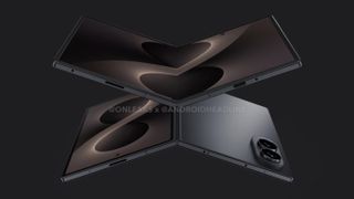 A leaked render of the supposed Samsung Galaxy Z Fold 8 Wide in a black colorway, showing its wider cover and inner displays and a dual camera array.