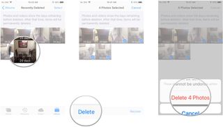 Tap the photos you want to delete forever, tap Delete, tap Delete Photos in the prompt