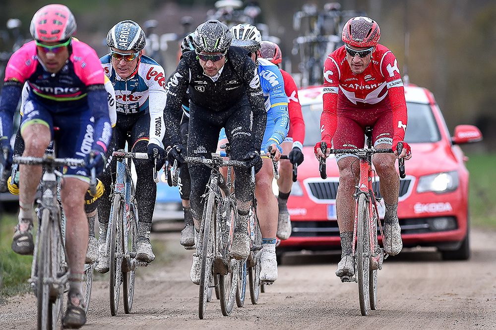 Riders on the grabel during stage 1 at Paris-Nice.