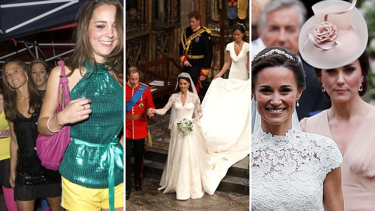 L-R: Kate and Pippa Middleton in 2008, Prince William, Harry, Kate and Pippa Middleton at the Royal Wedding 2011, Pippa and Kate Middleton on Pippa&#039;s wedding day