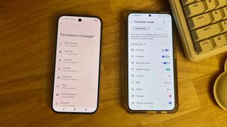 Android app permissions controls on the Pixel 9 and Galaxy S22 Plus, each showing the Permission manager (left) and Permission usage (right)