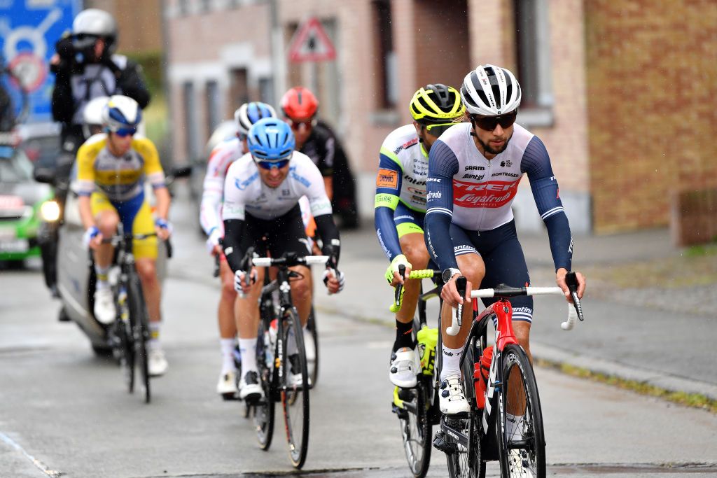 TOURNAI BELGIUM SEPTEMBER 29 Kiel Reijnen of United States and Team Trek Segafredo competes in the breakaway during the 80th Euromtropole Tour 2021 a 1776km race from La Louvire to Tournai Eurometrotour on September 29 2021 in Tournai Belgium Photo by Luc ClaessenGetty Images