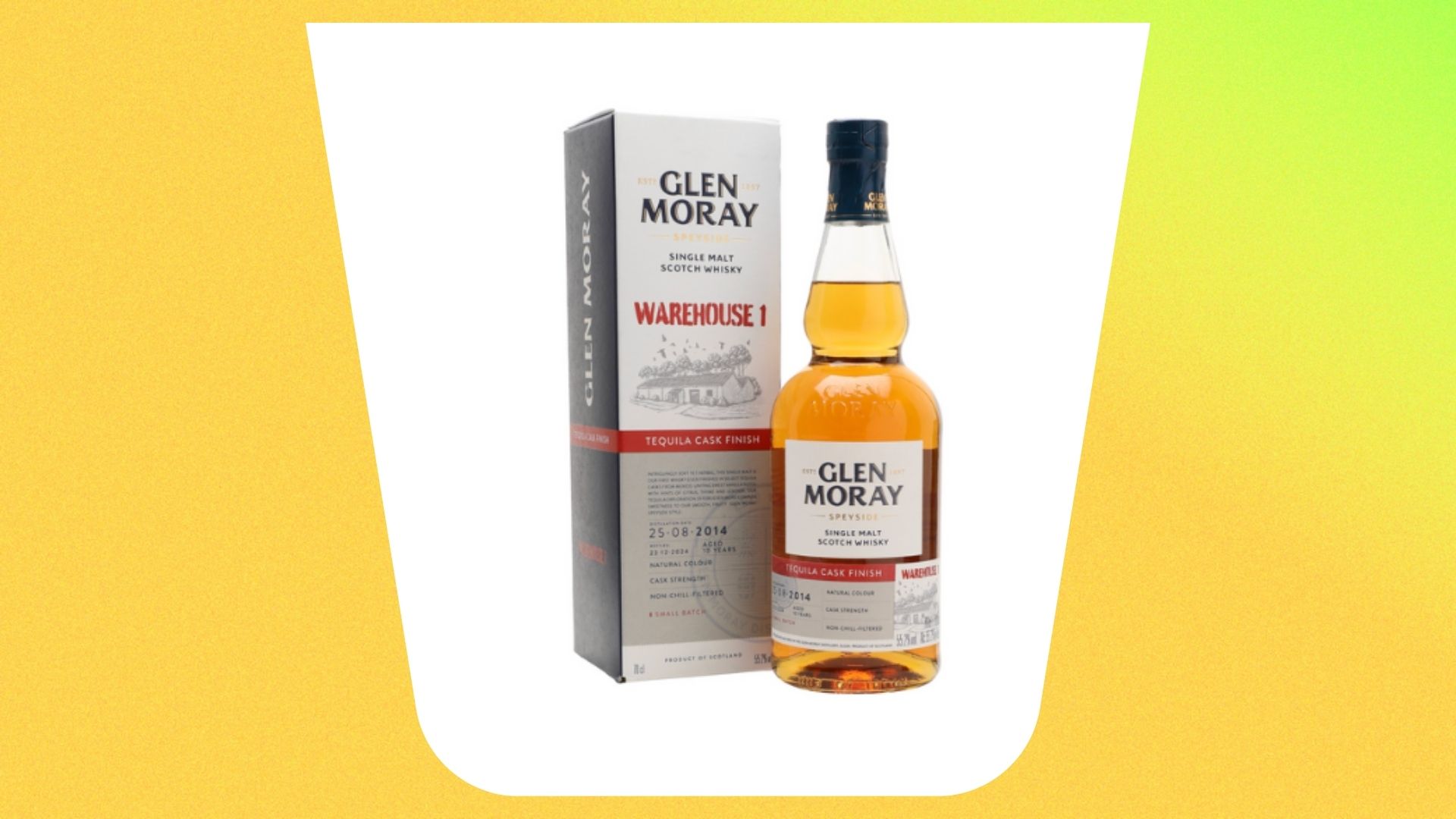 an image of the glen moray tequila cask finish whisky next to its box inside a cup-shape cutout against a yellow gradient background