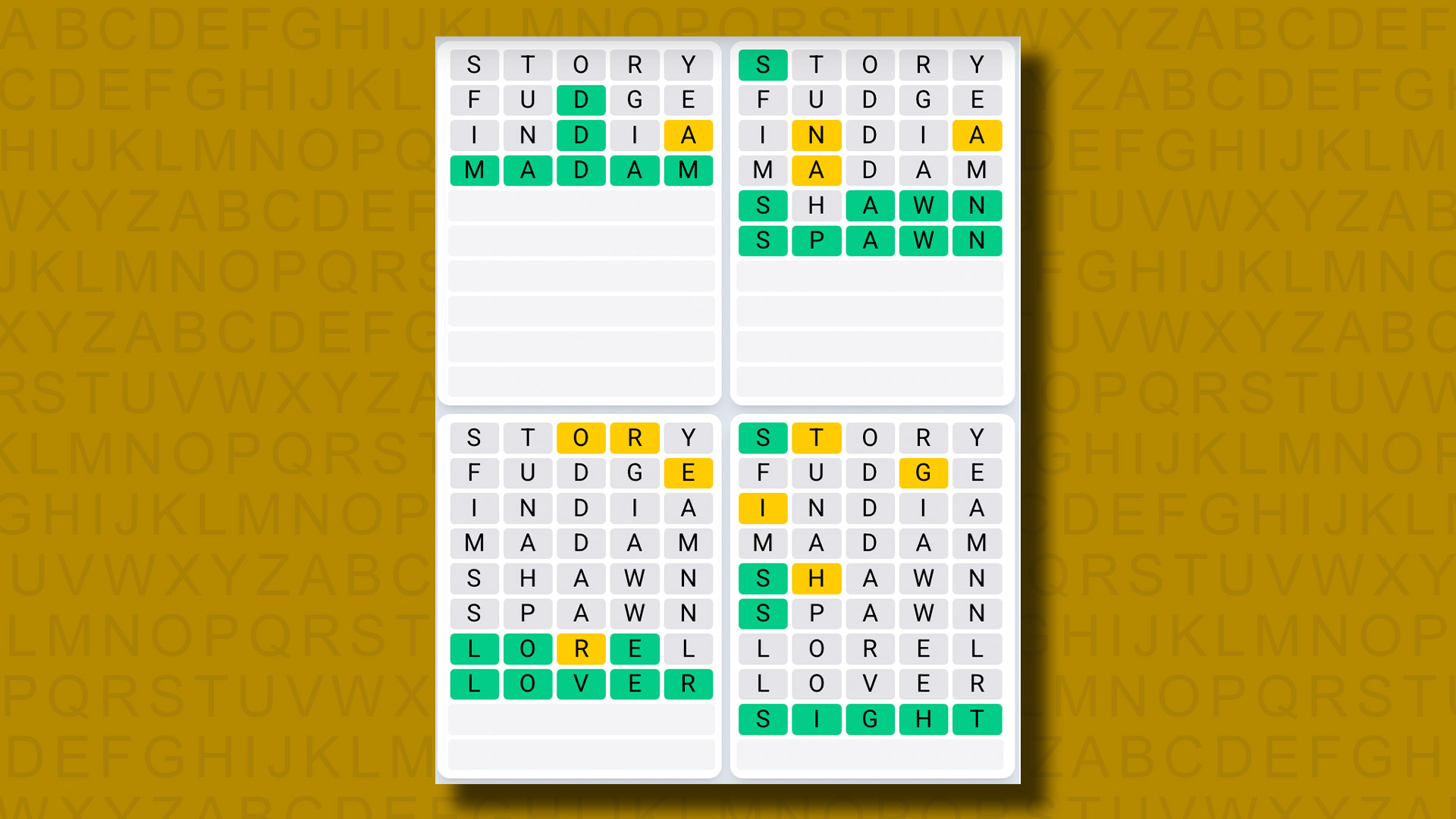 Quordle Daily Sequence answers for game 1096 on a yellow background