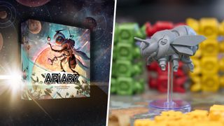 Apiary box on a field of stars, beside the Queen Bee token