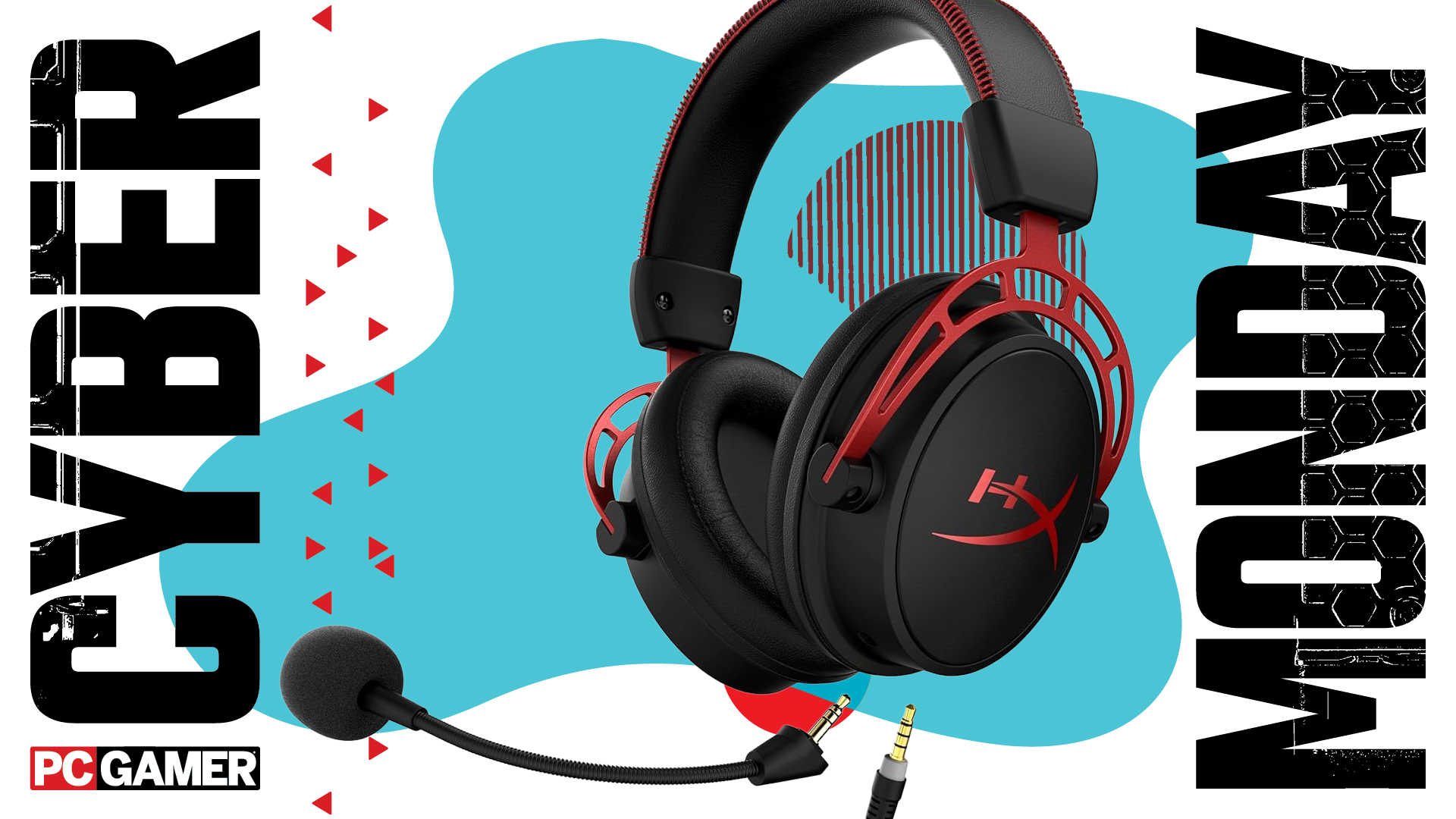 A HyperX headset on a blue Cyber Monday background