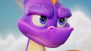 Spyro the purple dragon looking determined in front of blue cloudy skies