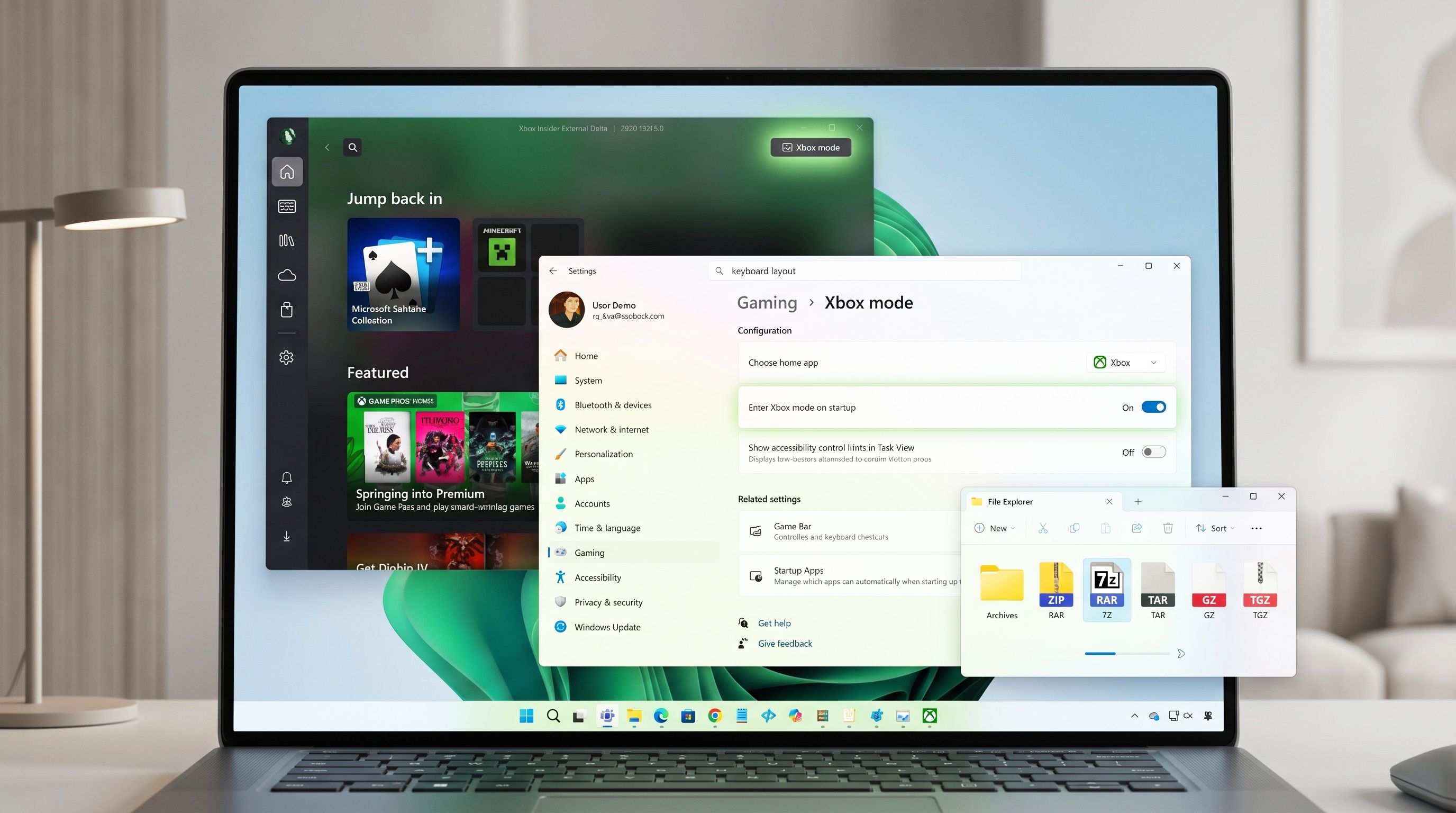 Laptop screen displaying a desktop with an Xbox app and settings window open. The interface has a modern, sleek design and gaming features.