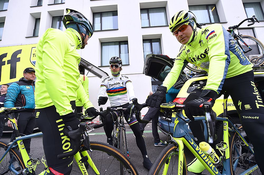 Peter Sagan and his Tinkoff teammates get ready to ride