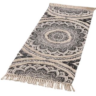 Seavish tufted cotton runner rug with tassel trim and black mandala rug