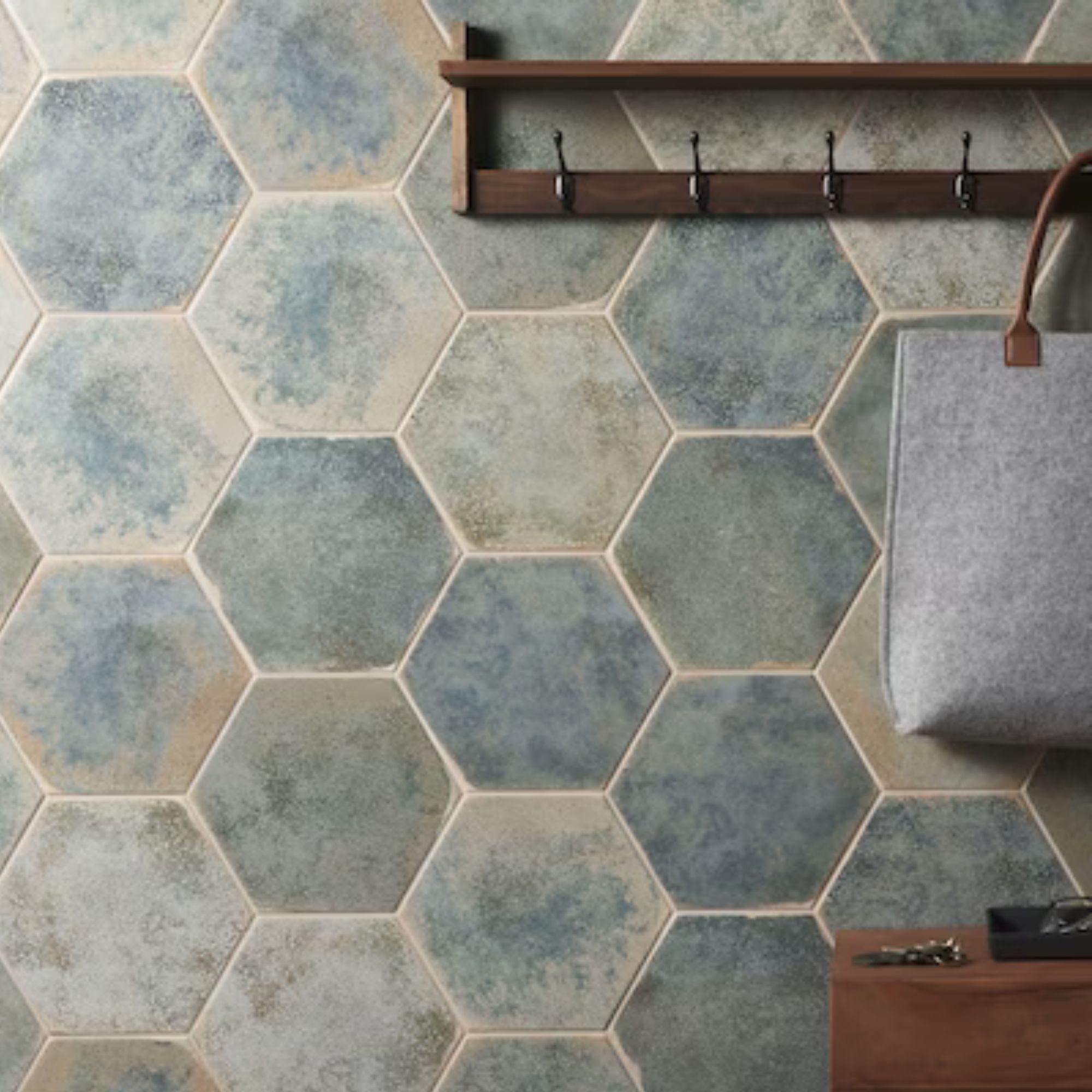 Blue, green and gray tiles in hexagonal shapes
