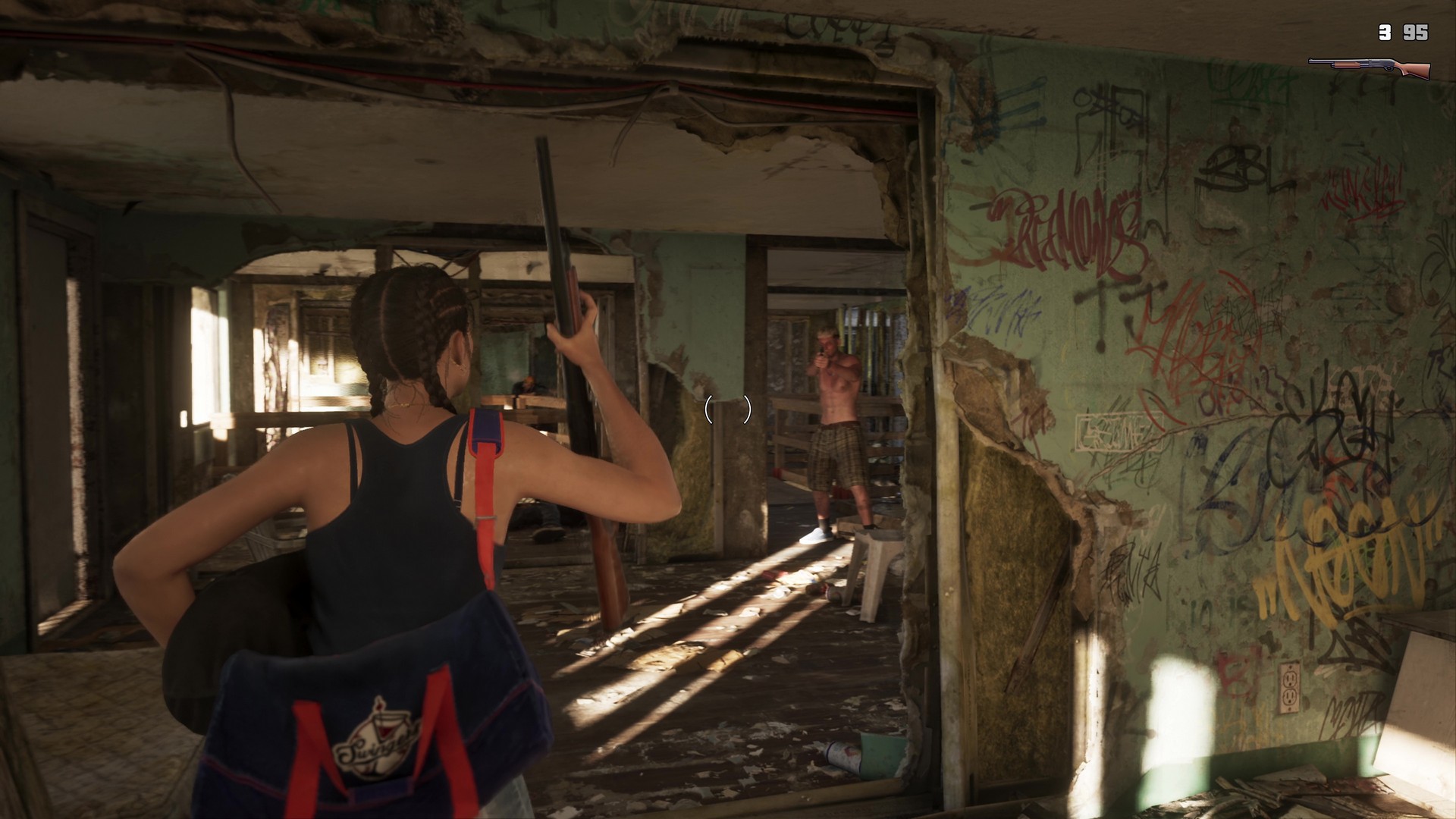Lucia reloads a shotgun one-handed with a bag on and another under her arm, from the GTA 6 extended look