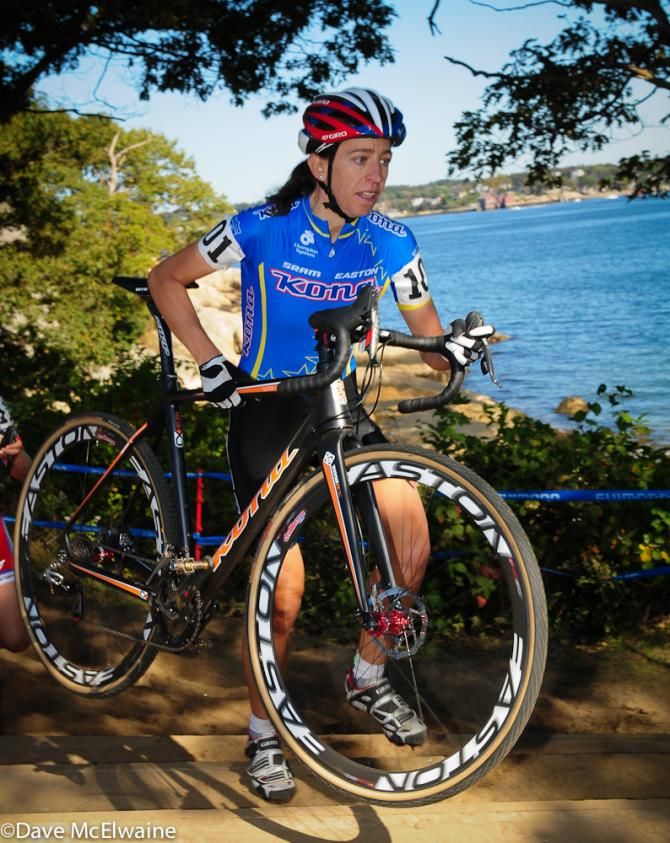 Helen Wyman (Kona Factory Team) with the race lead at a small set of steps
