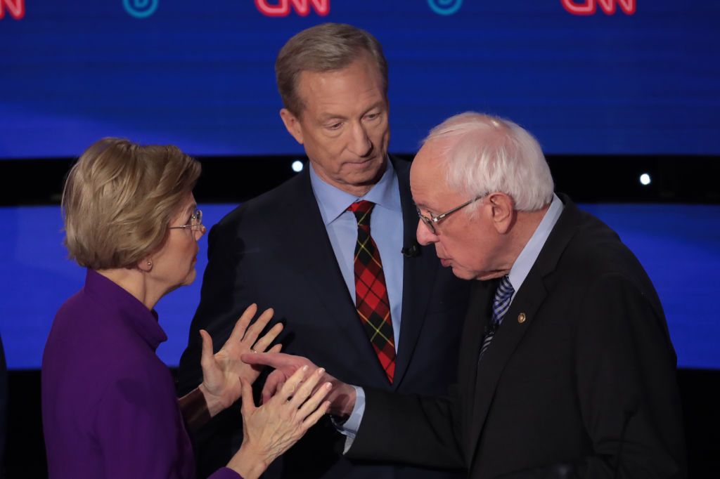 Sen. Elizabeth Warren and Sen. Bernie Sanders and Tom Steyer