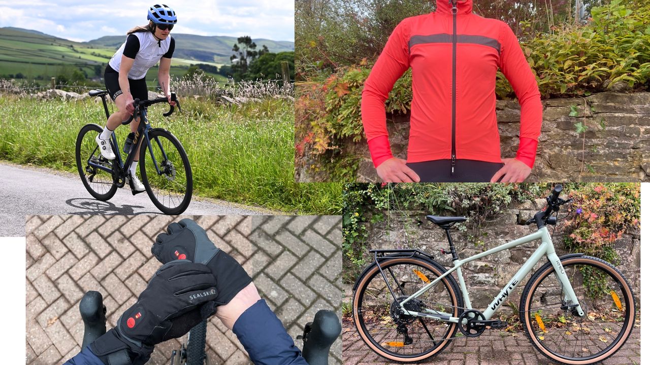 Hannah Bussey&#039;s gear of the year montage displaying, clockwise from top left) her riding the Liv Langma in the Peak District, a close-up of her torso in the Santini Guard Neos in bright pink, the Whyte Rheo 3 electric hybrid bike against a stone wall and her pulling on a pair of the SealSkiz Upwell electric heated gloves over a brick floor 